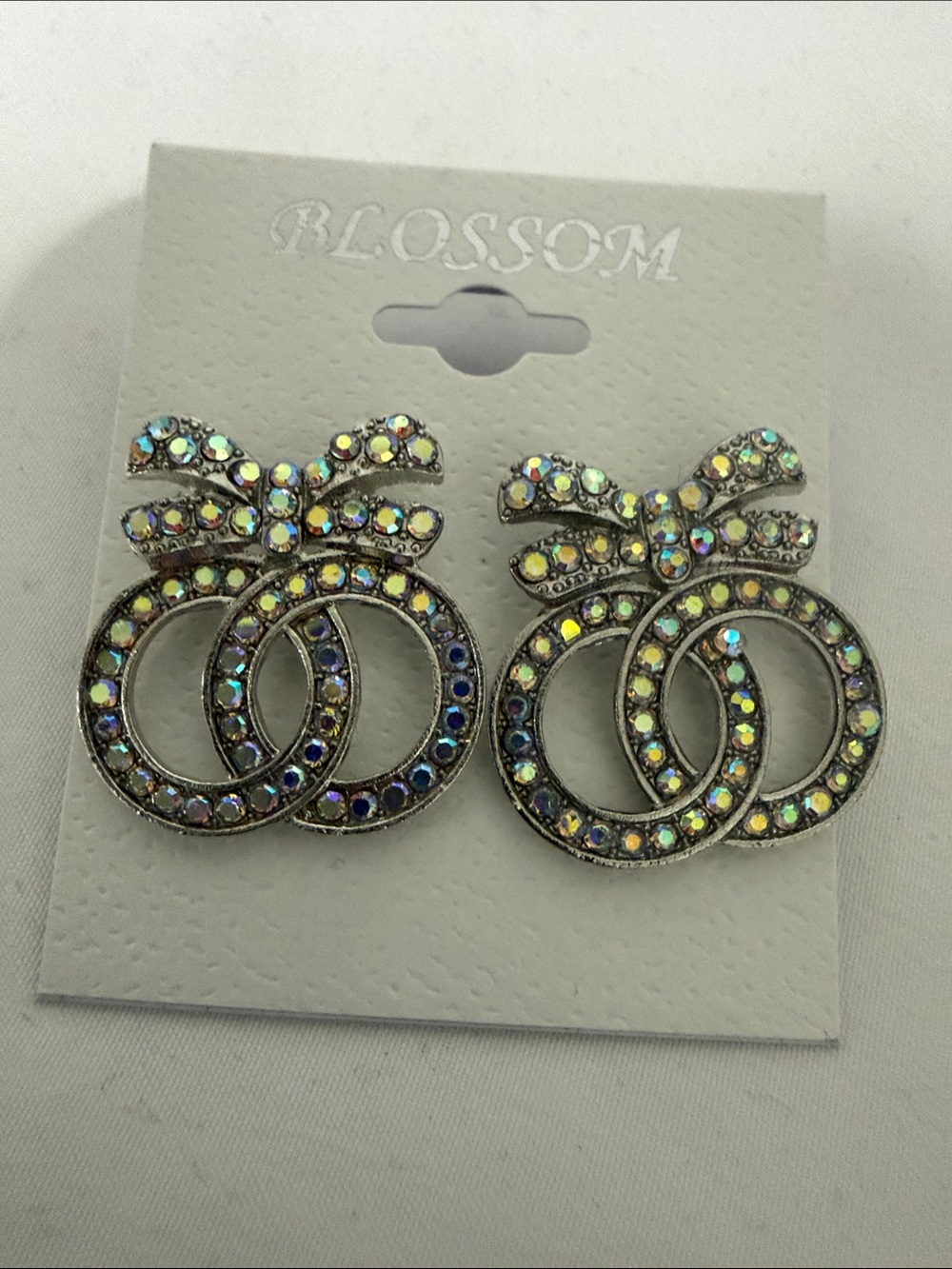 Fashion Jewelry Iridescent Crystal Bow Double Hoop Earrings - Silver
